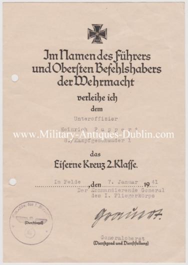 Luftwaffe Award Document - Unteroffizier Heinrich Ruppert