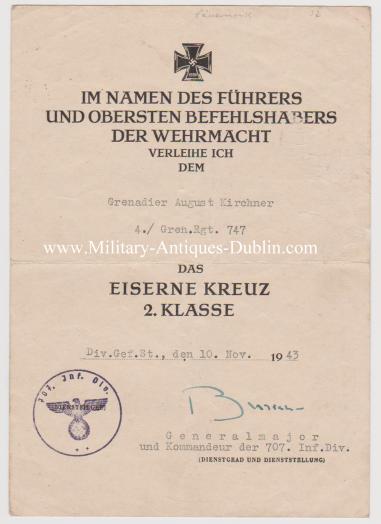 Heer Award Document - Grenadier August Kirchner