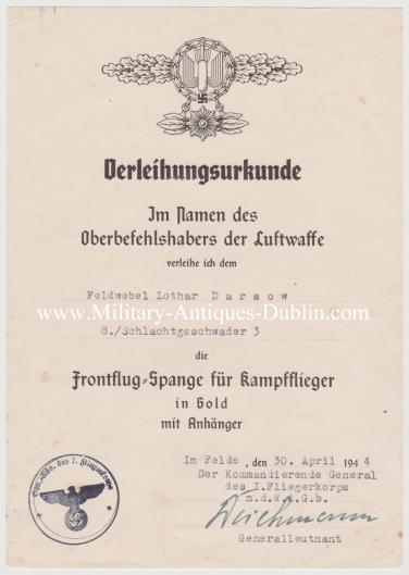 Luftwaffe Award Document - Feldwebel Lothar Darsow