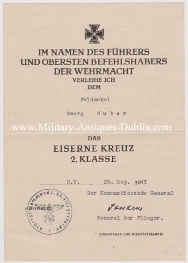 Luftwaffe Award Document Group - Feldwebel Georg Huber