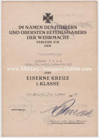 Panzer Lehr Document - Unteroffizier Helmut Kunz