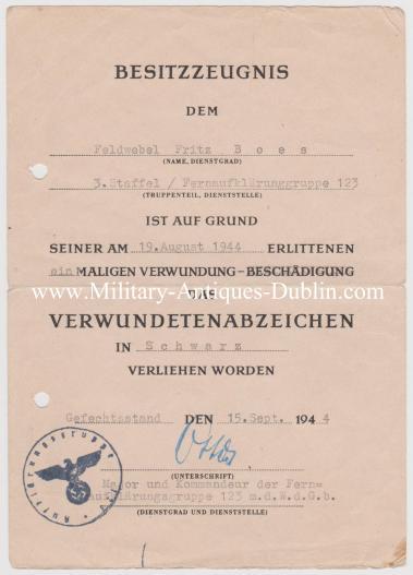 Luftwaffe Award Documents - Feldwebel Fritz Boes