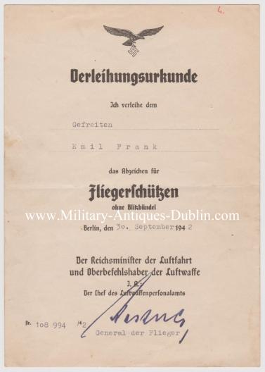 Luftwaffe Award Document Group - Obergefreiten Emil Frank