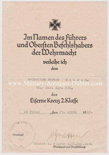 Heer Award Document - Gefreiten Werner Buhren