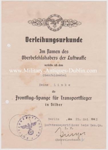 Luftwaffe Award Document - Oberfeldwebel Heinz Linke
