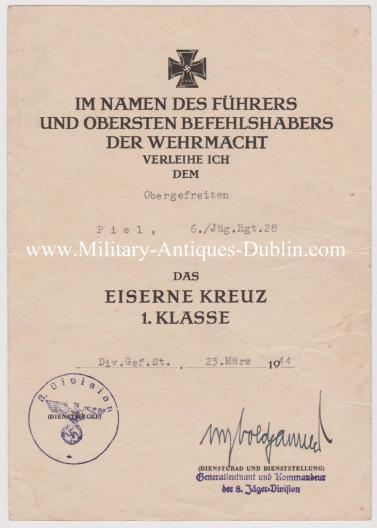 Heer Award Documents - Obergefreiten Heinrich Piel